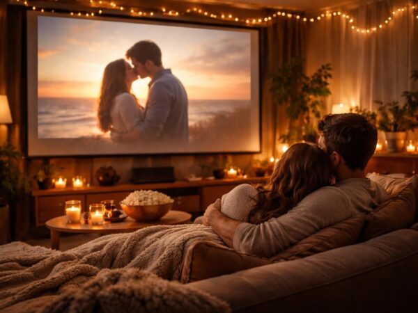 organisez une soirée couple parfaite avec un cinéma romantique à la maison sur écran de projection pour des moments intimes et chaleureux.