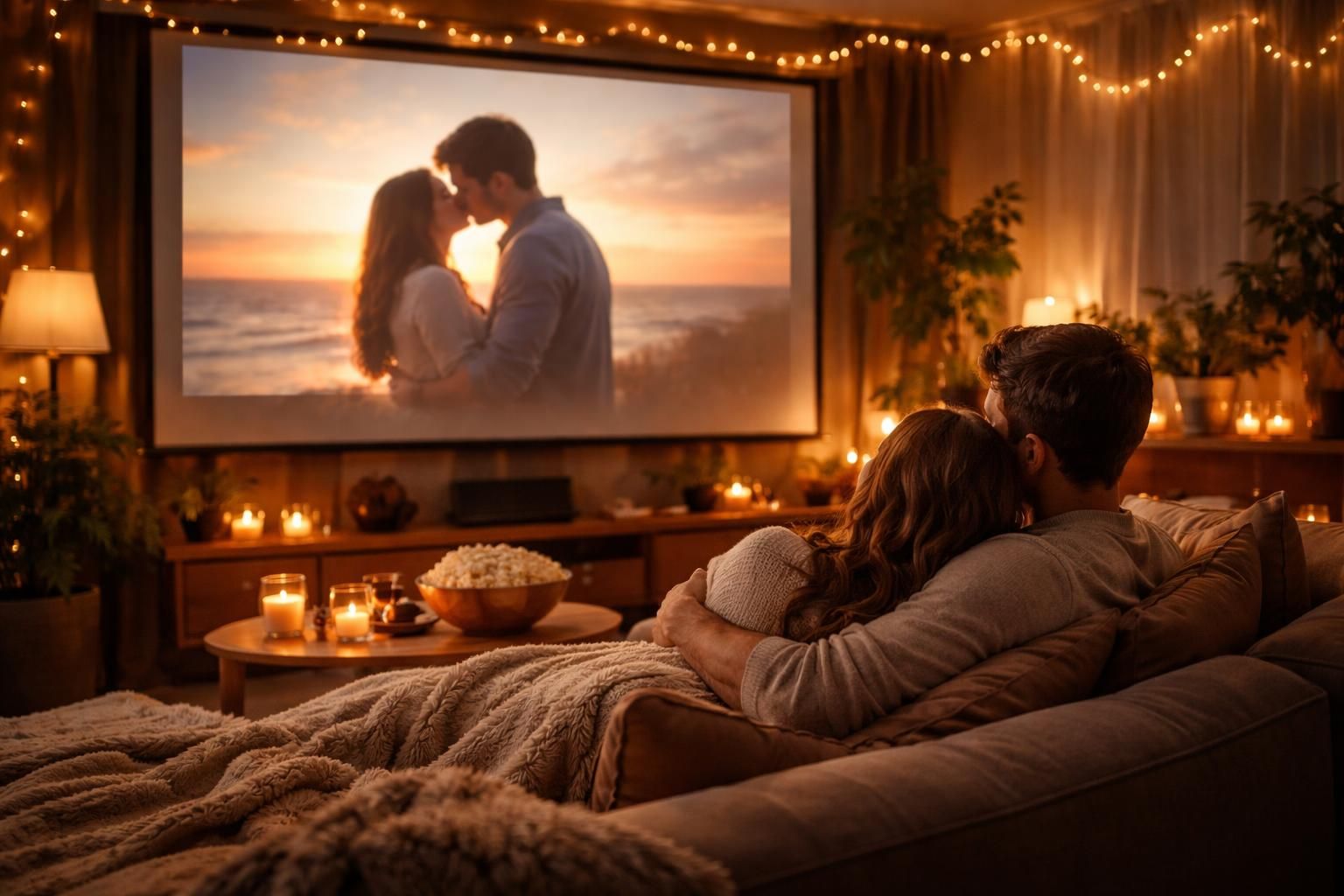 organisez une soirée couple parfaite avec un cinéma romantique à la maison sur écran de projection pour des moments intimes et chaleureux.