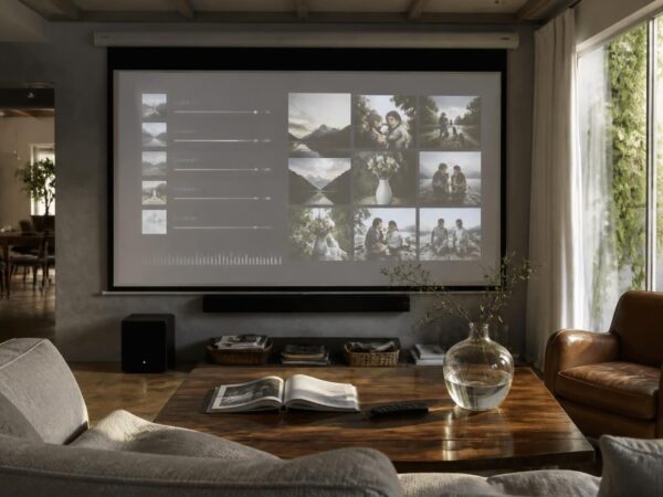 organisez un date à domicile parfait avec un écran de projection pour diffuser une playlist romantique et vos photos préférées. créez une ambiance intime et mémorable.